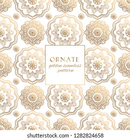 Oriental gold and white ornate vector seamless pattern. Classic ethnic texture with decorative hand drawn elements. Elegant light luxury background for traditional premium design and decor