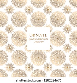 Oriental gold and white ornate vector seamless pattern. Classic ethnic texture with decorative hand drawn elements. Elegant light luxury background for traditional premium design and decor