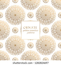 Oriental gold and white ornate vector seamless pattern. Classic ethnic texture with decorative hand drawn elements. Elegant light luxury background for traditional premium design and decor