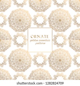 Oriental gold and white ornate vector seamless pattern. Classic ethnic texture with decorative hand drawn elements. Elegant light luxury background for traditional premium design and decor