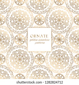 Oriental gold and white ornate vector seamless pattern. Classic ethnic texture with decorative hand drawn elements. Elegant light luxury background for traditional premium design and decor