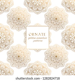 Oriental gold and white ornate vector seamless pattern. Classic ethnic texture with decorative hand drawn elements. Elegant light luxury background for traditional premium design and decor