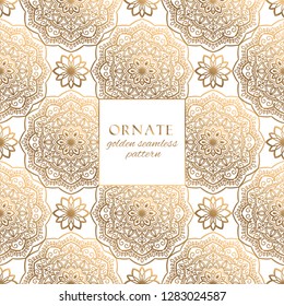 Oriental gold and white ornate vector seamless pattern. Classic ethnic texture with decorative hand drawn elements. Elegant light luxury background for traditional premium design and decor