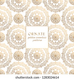 Oriental gold and white ornate vector seamless pattern. Classic ethnic texture with decorative hand drawn elements. Elegant light luxury background for traditional premium design and decor