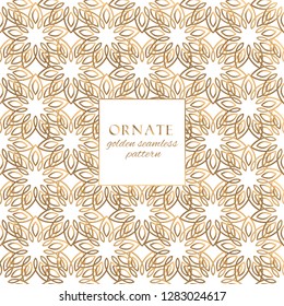 Oriental gold and white ornate vector seamless pattern. Classic ethnic texture with decorative hand drawn elements. Elegant light luxury background for traditional premium design and decor