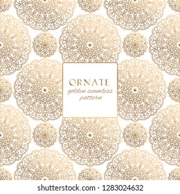Oriental gold and white ornate vector seamless pattern. Classic ethnic texture with decorative hand drawn elements. Elegant light luxury background for traditional premium design and decor