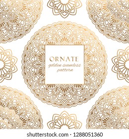 Oriental gold and white ornate vector seamless pattern. Classic ethnic texture with decorative hand drawn elements. Elegant light luxury background for traditional premium design and decor