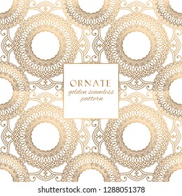 Oriental gold and white ornate vector seamless pattern. Classic ethnic texture with decorative hand drawn elements. Elegant light luxury background for traditional premium design and decor
