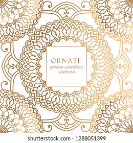 Oriental gold and white ornate vector seamless pattern. Classic ethnic texture with decorative hand drawn elements. Elegant light luxury background for traditional premium design and decor