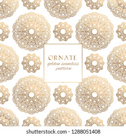 Oriental gold and white ornate vector seamless pattern. Classic ethnic texture with decorative hand drawn elements. Elegant light luxury background for traditional premium design and decor