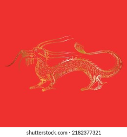 Oriental golden dragon isolated on red background, Chinese mythological animal, vector graphic.