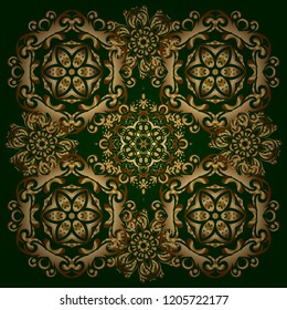 Oriental golden seamless pattern with arabesques and floral elements. Traditional classic vector ornament on a green background.