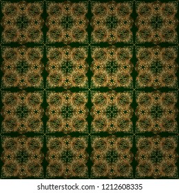 Oriental golden seamless pattern with arabesques and floral elements. Traditional classic vector ornament on a green background.
