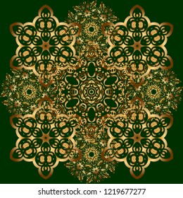 Oriental golden seamless pattern with arabesques and floral elements. Traditional classic vector ornament on a green background.