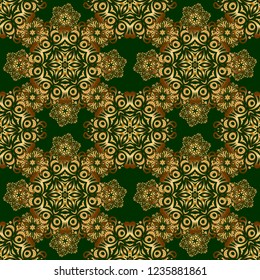 Oriental golden seamless pattern with arabesques and floral elements. Traditional classic vector ornament on a green background.