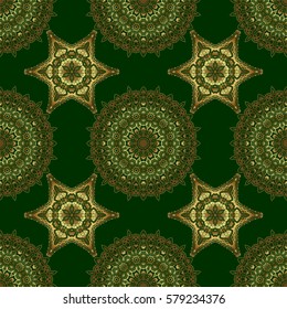 Oriental golden seamless pattern with arabesques and floral elements. Traditional classic vector ornament on a green background.