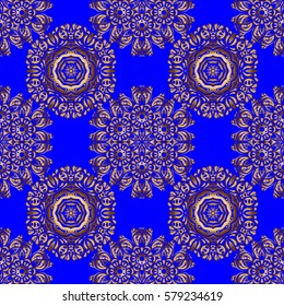 Oriental golden seamless pattern with arabesques and floral elements. Traditional classic vector ornament on a blue background.