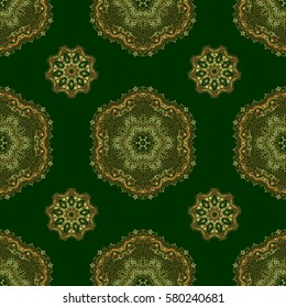 Oriental golden seamless pattern with arabesques and floral elements. Traditional classic vector ornament on a green background.
