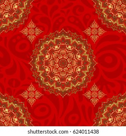 Oriental golden seamless pattern with arabesques and floral elements. Traditional classic vector ornament on a red background.