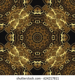 Oriental golden seamless pattern with arabesques and floral elements. Traditional classic vector ornament on a black background.