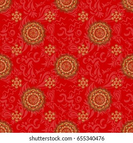 Oriental golden seamless pattern with arabesques and floral elements. Traditional classic vector ornament on a red background.
