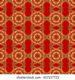 Oriental golden seamless pattern with arabesques and floral elements. Traditional classic vector ornament on a red background.