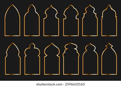 Oriental golden windows. Traditional islamic frames, ramadan kareem, arabic design borders, muslim arches and doors, arabesque gold silhouette, empty space splendid vector isolated set
