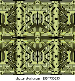 Oriental green 3d vector seamless pattern. Arabic style ornamental  background. Ethnic floral arabesque ornament. Geometric symmetrical design. Surface endless texture. Repeat ornate striped backdrop.