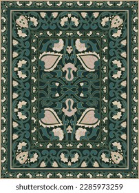 Oriental green carpet. Floral ornament with frame. Template for carpet, rug, textile, tapestry.