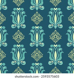 Oriental Green Flora Damask Seamless Pattern Embroidery. Indian style. Art Ornament print. Design for carpet, cover, wallpaper, wrapping, fabric and clothing.