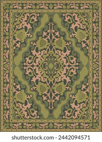 Oriental green and pink vector carpet design. Floral vintage pattern with frame. Ornamental background for textile, rug, tapestry.