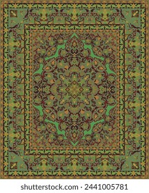 Oriental green vector carpet design. Floral vintage pattern with frame. Ornamental background for textile, rug, tapestry.