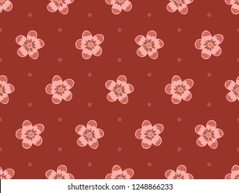 Oriental groovy polka dot floral motif in autumn colours. Minimal allover vector pattern for interior, wallpaper, fabric, apparel textile, phone case. Vintage colourful graphic folk tiny flower print