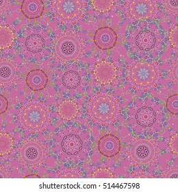 Oriental hand drawn style. Damask seamless pattern in blue, pink and neutral colors. Vector vintage floral ornament. Design for fabric, wallpaper, background, invitation, wrapping and book covers.
