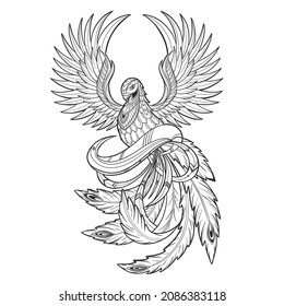 Oriental handdrawn vector phoenix in doodle style