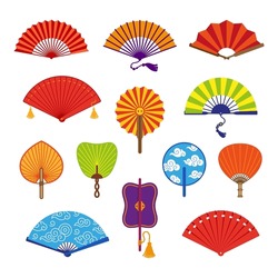 Oriental Handheld Fan. Japan Yellow Red Fans Isolated Icons. Fanning Oriental Hand Accessories Symbol, Personal China Traditional Attribute Tidy Vector Set