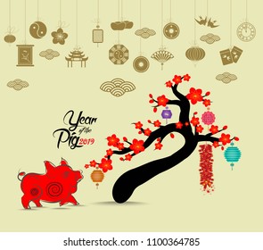 Oriental Happy Chinese New Year 2019 blossom. Pig chinese baclground