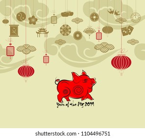 Oriental Happy Chinese New Year 2019. Year of the pig