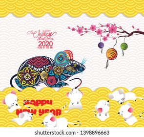 Oriental Happy Chinese New Year Rat 2020 blossom. Chinese baclground