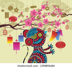 Oriental Happy Chinese New Year Rat 2020 blossom. Chinese baclground