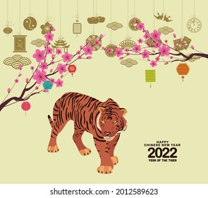 Oriental Happy Chinese New Year Tiger 2022 blossom. Chinese background. Happy chinese new year 2022, year of the tiger