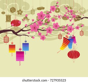Oriental Happy Chinese New Year 2018 blossom. Chinese baclground