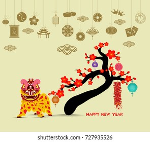 Oriental Happy Chinese New Year 2018 blossom. Lion dance chinese baclground