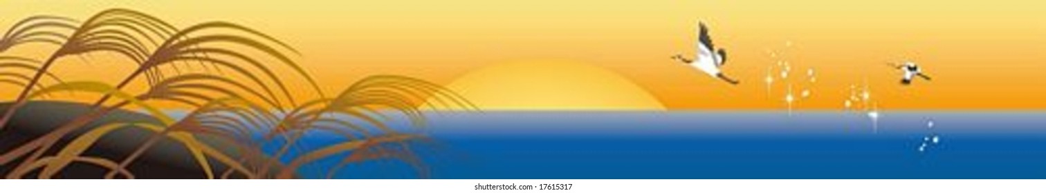 Oriental Happy New Year with beautiful traditional landscape on background of yellow dawn sky and shiny blue water : vector illustration