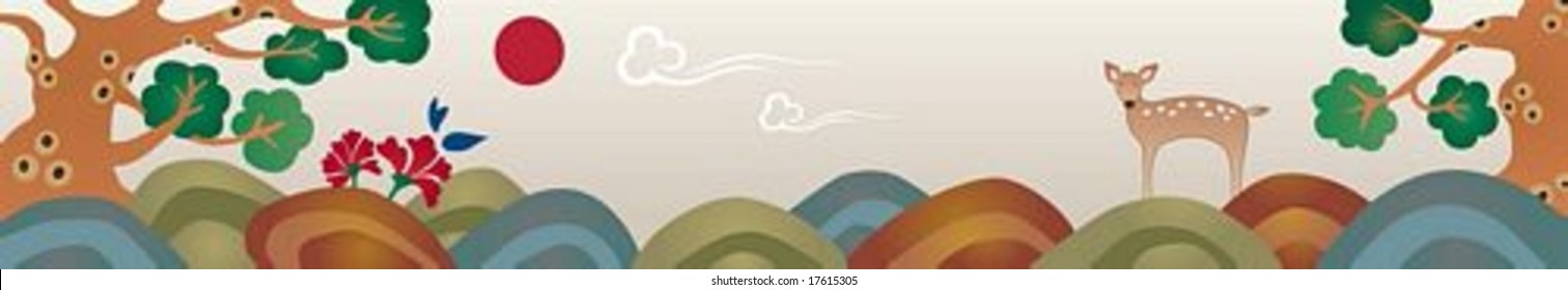 Oriental Happy New Year with traditional landscape on background of beautiful dawn sky and colorful mountains : vector illustration