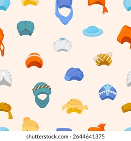 Oriental head accessories. Turbans seamless pattern, cartoon traditional muslim headdress. Decorative print for fabric design, vector background