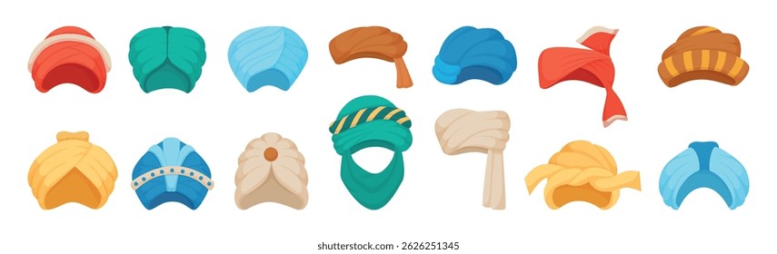 Oriental headdress. Different turbans cartoon elements, muslim islamic head accessories. Isolated arabic symbols, sultan costume, neoteric vector set