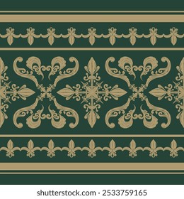 Herança Oriental de bordados dourados tece sobre fundo verde escuro. Rich Wealth Opulence design Padrão Perfeito. Vetor da borda. Projeto da Dinastia Real. Decoração de vestuário, tapete, tapete, desenho de mão