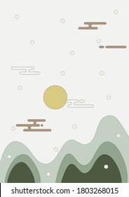 Antecedentes de vacaciones orientales con montañas, nubes y sol