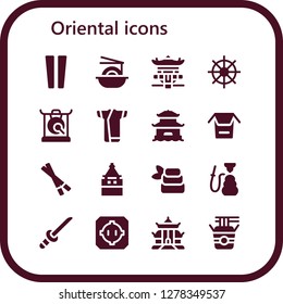  oriental icon set. 16 filled oriental icons. Simple modern icons about  - Chopsticks, Noodles, Pagoda, Buddhism, Gong, Kimono, Galata tower, Zen, Hookah, Katana, Dohyo